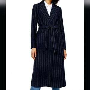 Topshop Navy Pinstripe Belted Coat